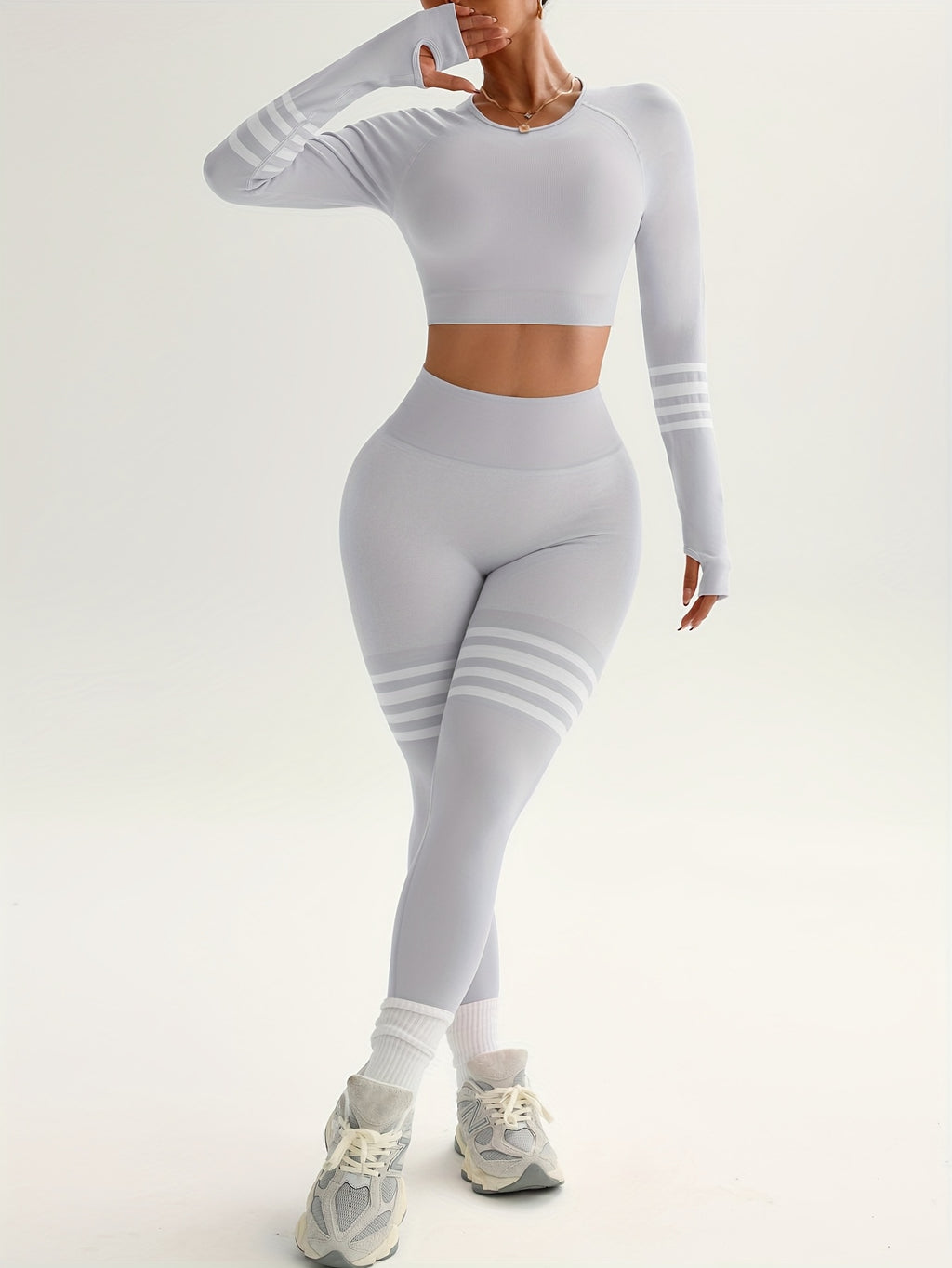color block striped design long sleeve short top high waist