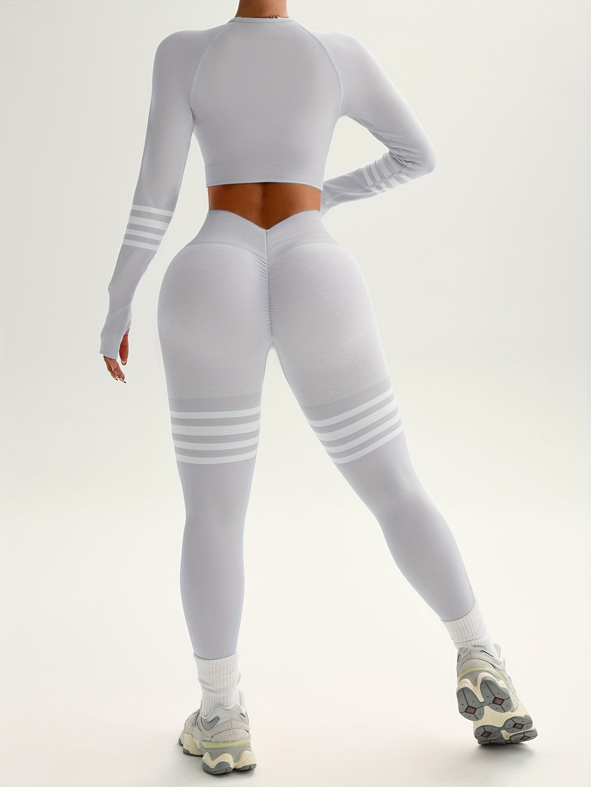 color block striped design long sleeve short top high waist