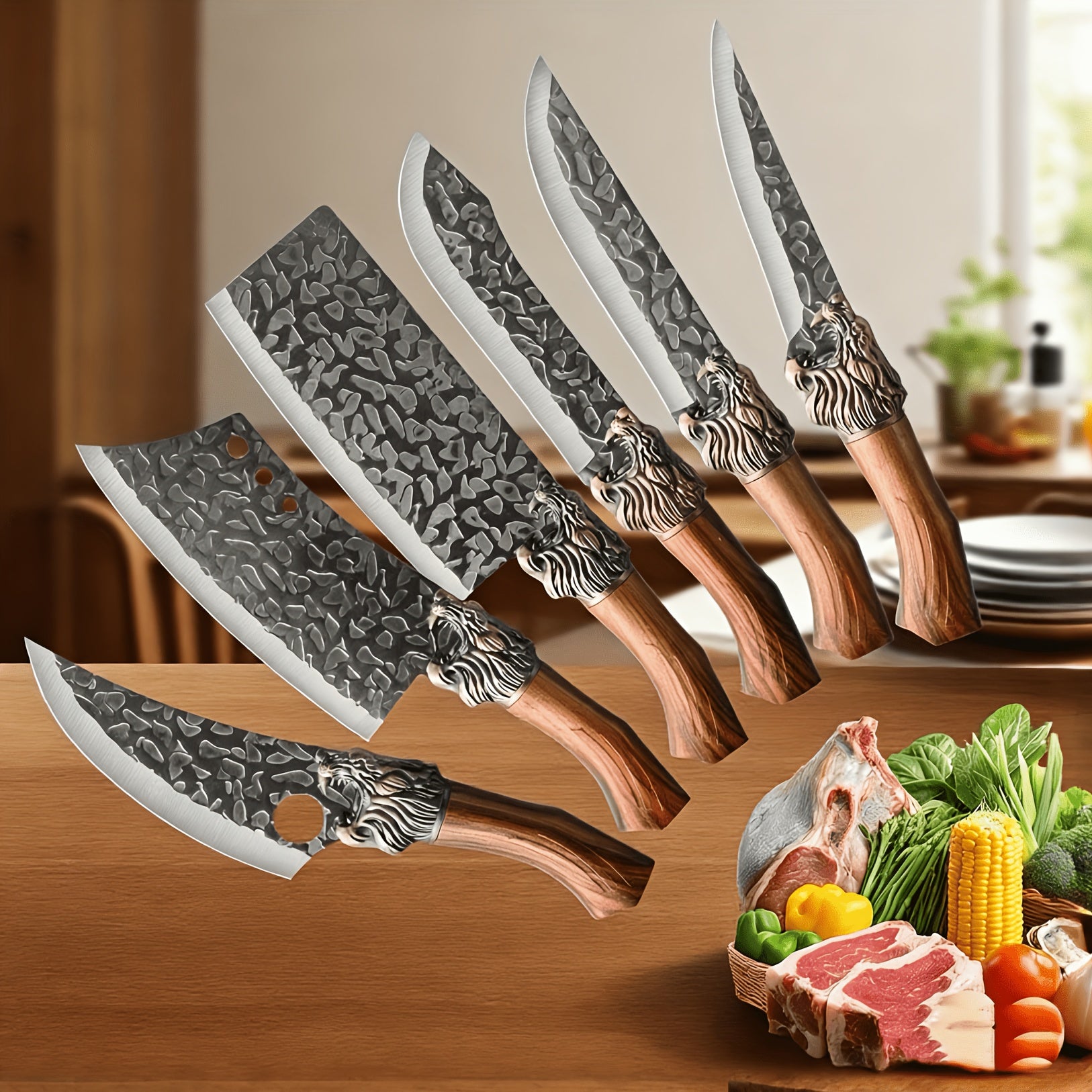 7pcs chef knife set   damascus style blade brown