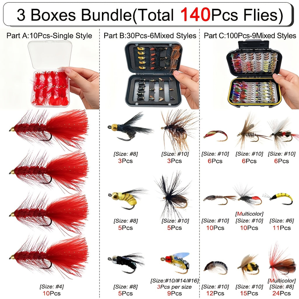 fly fishing flies kit 3 boxes bundle total 140pcs flies dry