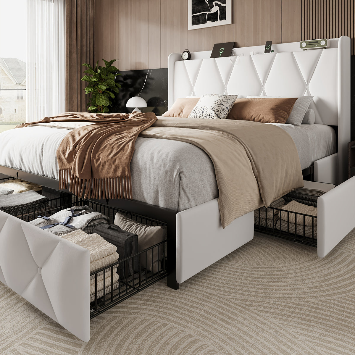 4 drawers storage bed frame wingback headboard