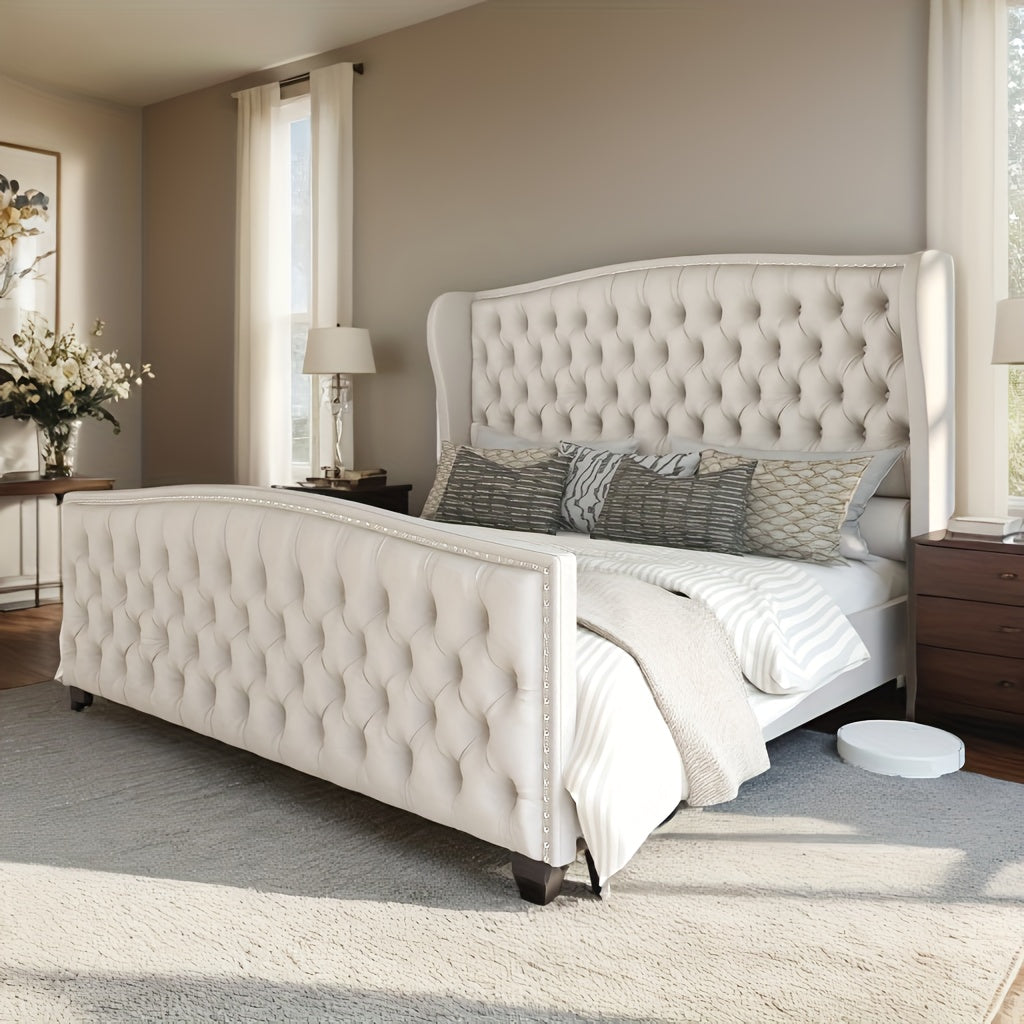 handcrafted velvet bed frame featuring a wingback headboard