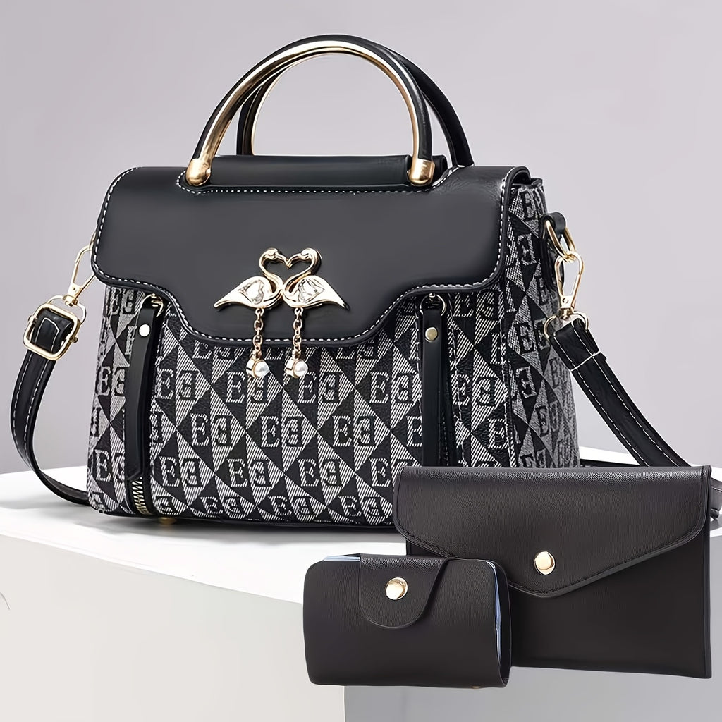 3pcs womens handbag set swan decor top handle tote bag card