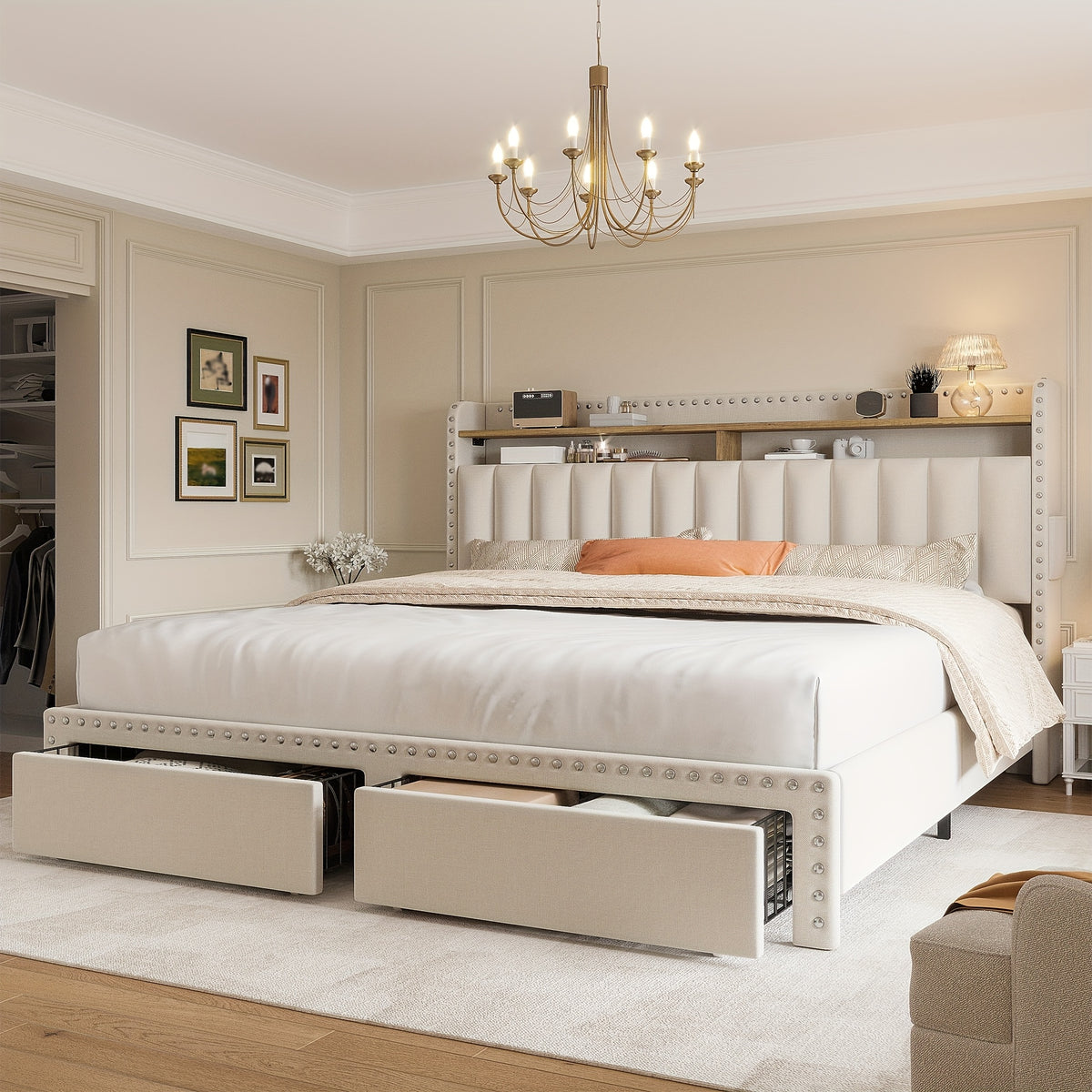 king size upholstered bed frame storage 2 tier headboard 2