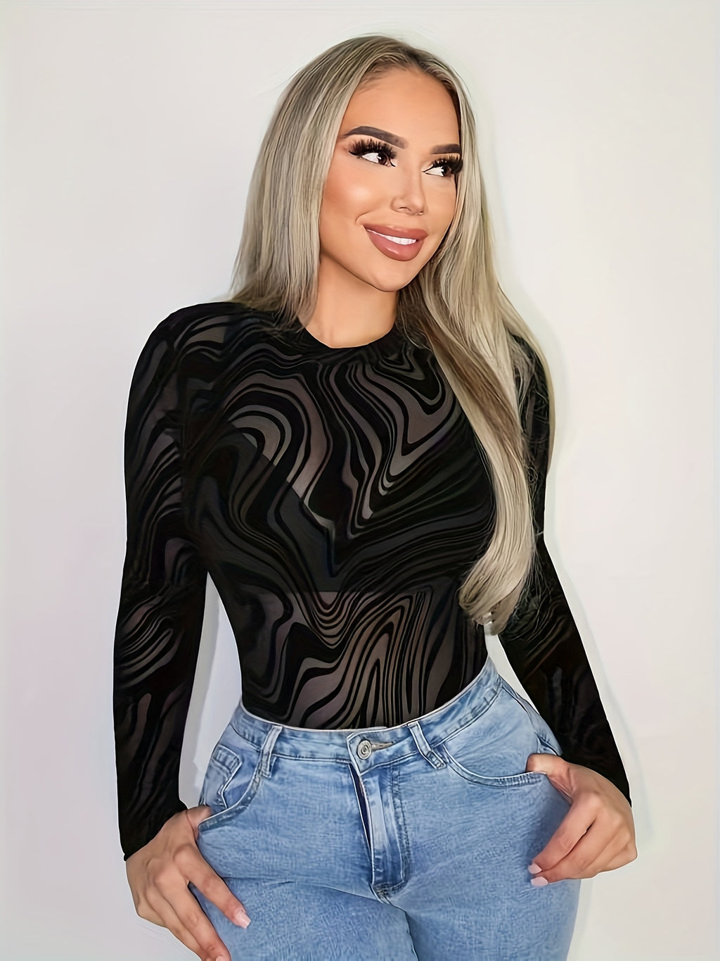 elegant textured flocking long sleeve bodysuit marble