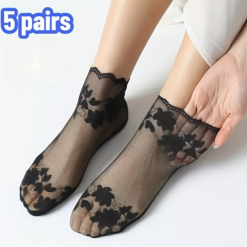 5 pairs womens thin lace short socks breathable lightweight
