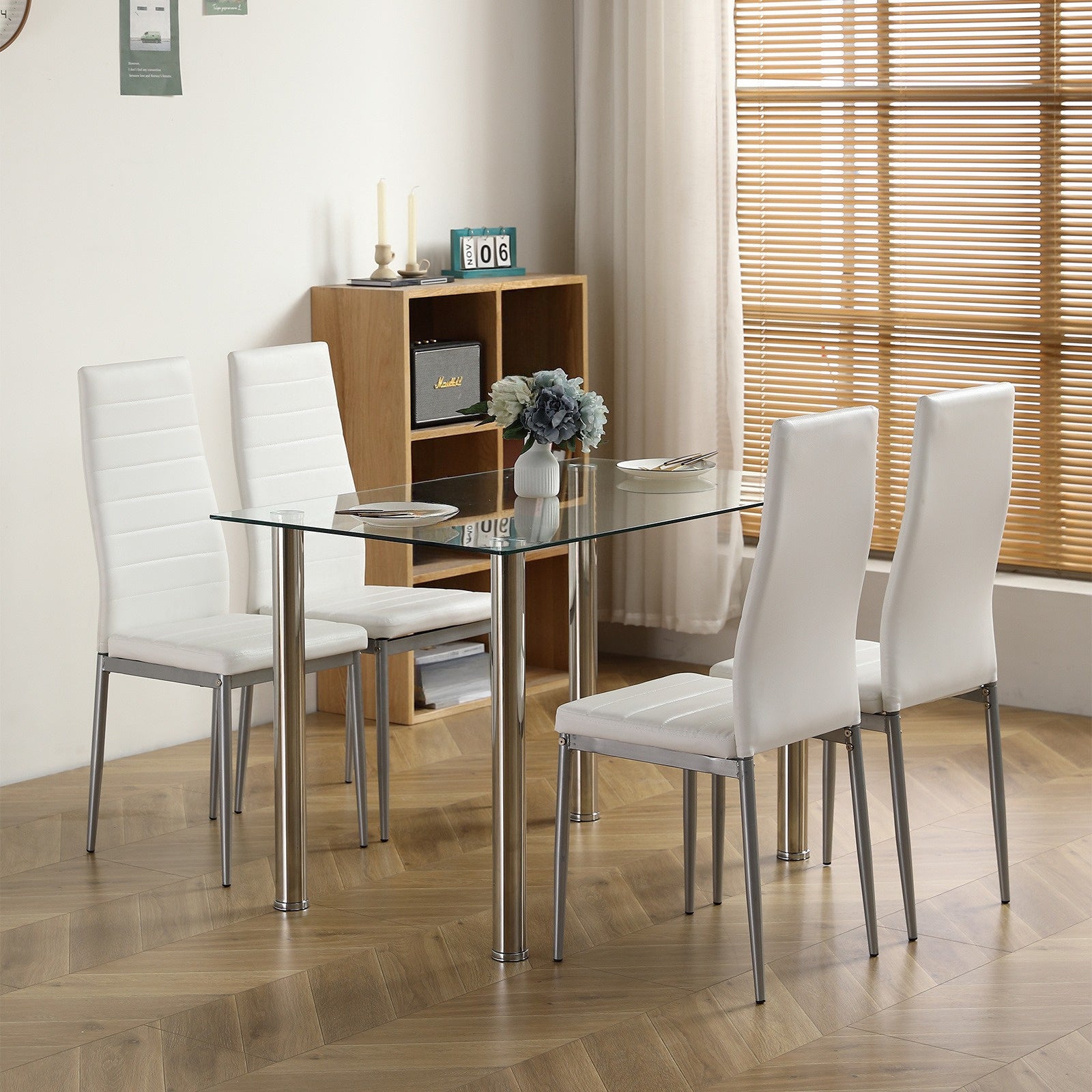 5pcs modern dining set glass   4 leather chairs