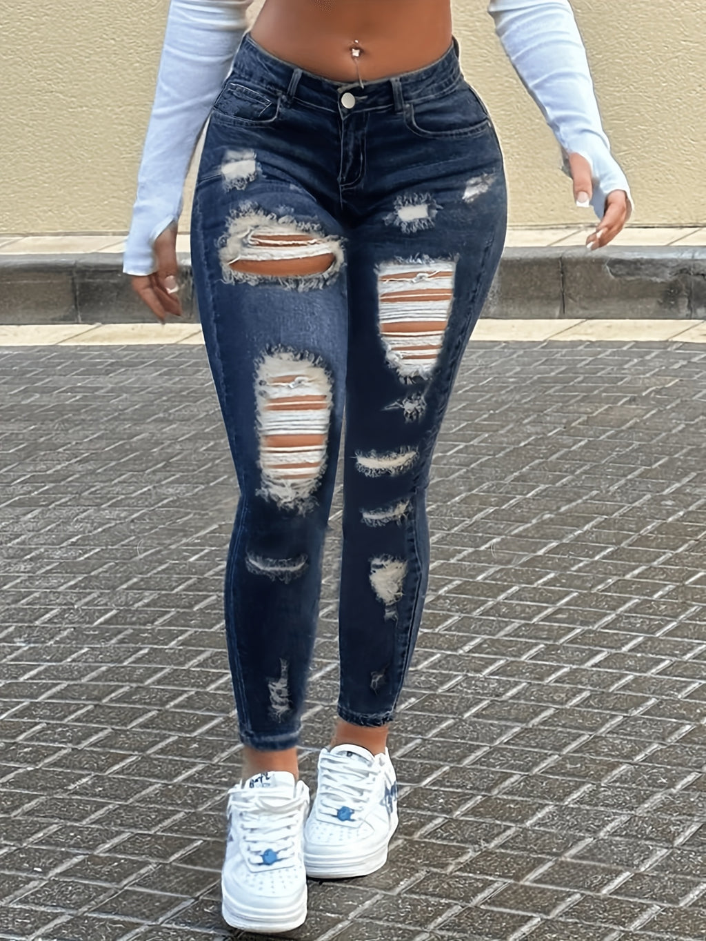 womens distressed skinny jeans     stretch denim
