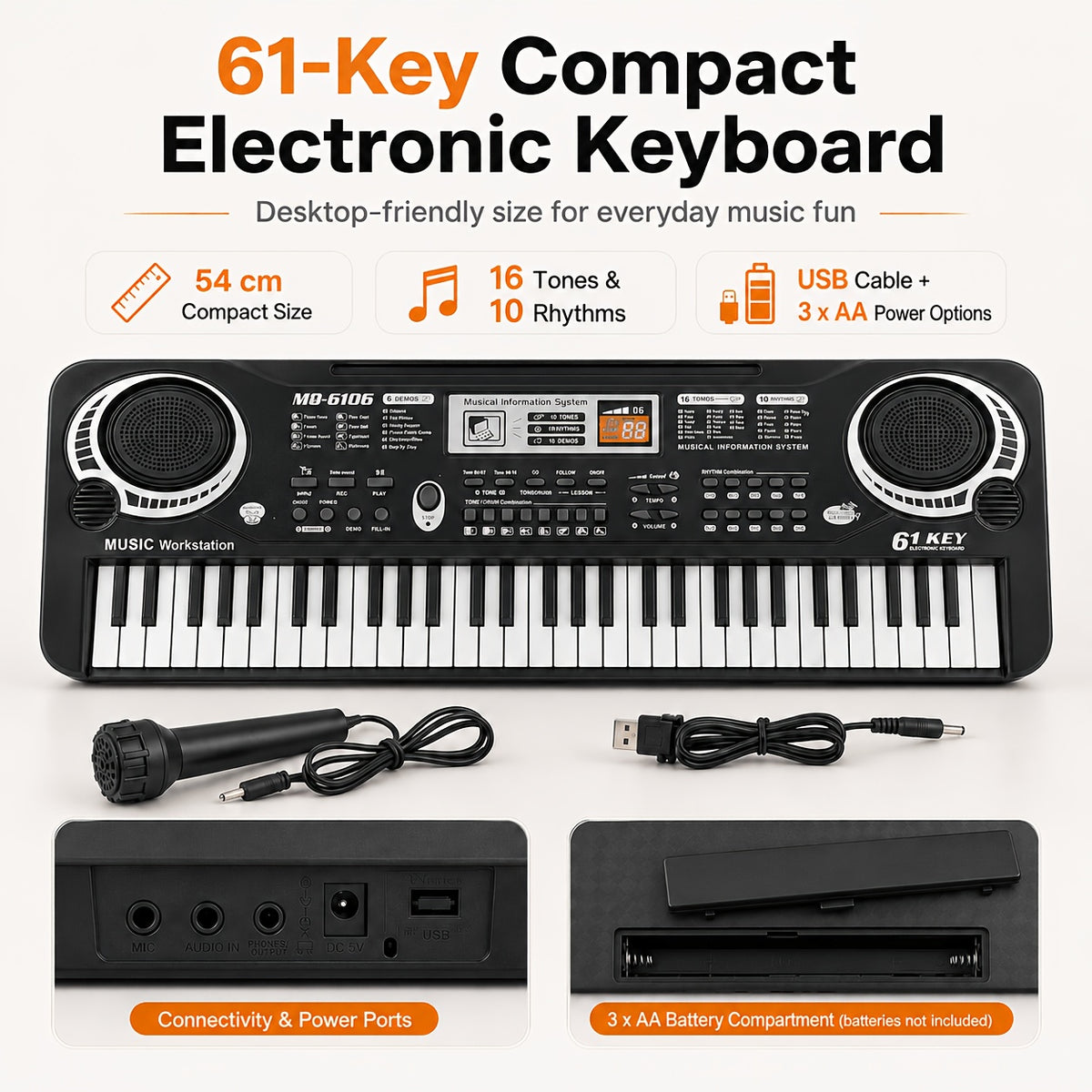 61 portable electronic keyboard 16 tones 10