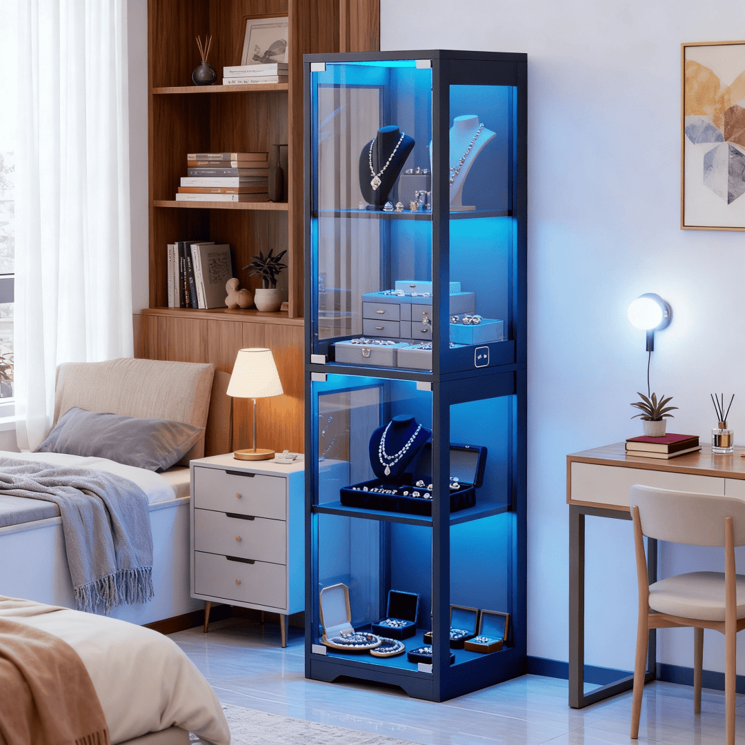 single door glass display cabinet 4 tier 3 led lights smart