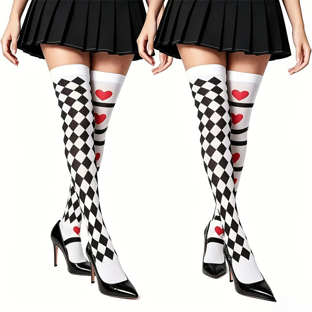 high   ab sided heart checkerboard thigh high socks