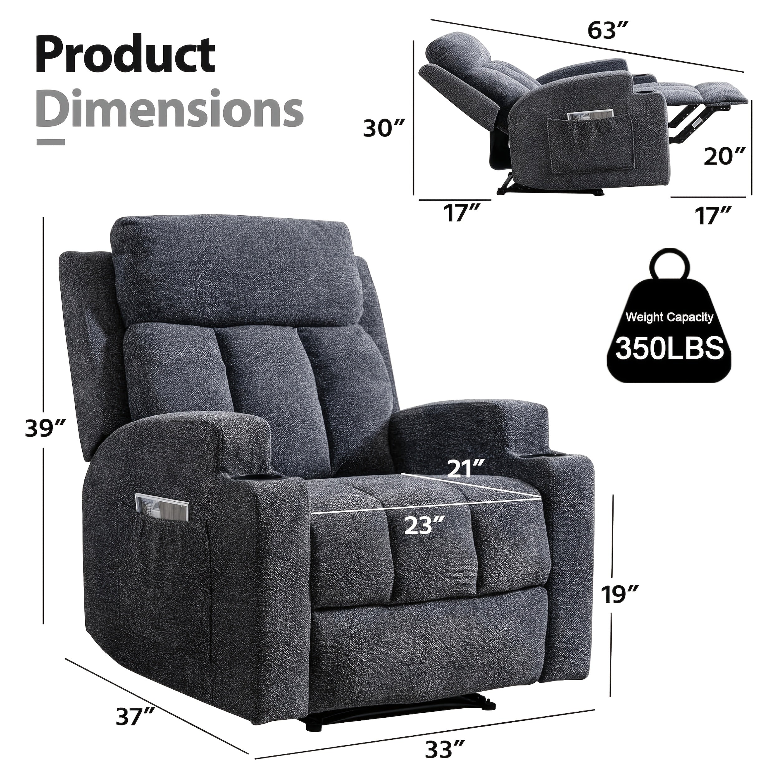 manual recliner chair massage heat soft fabric