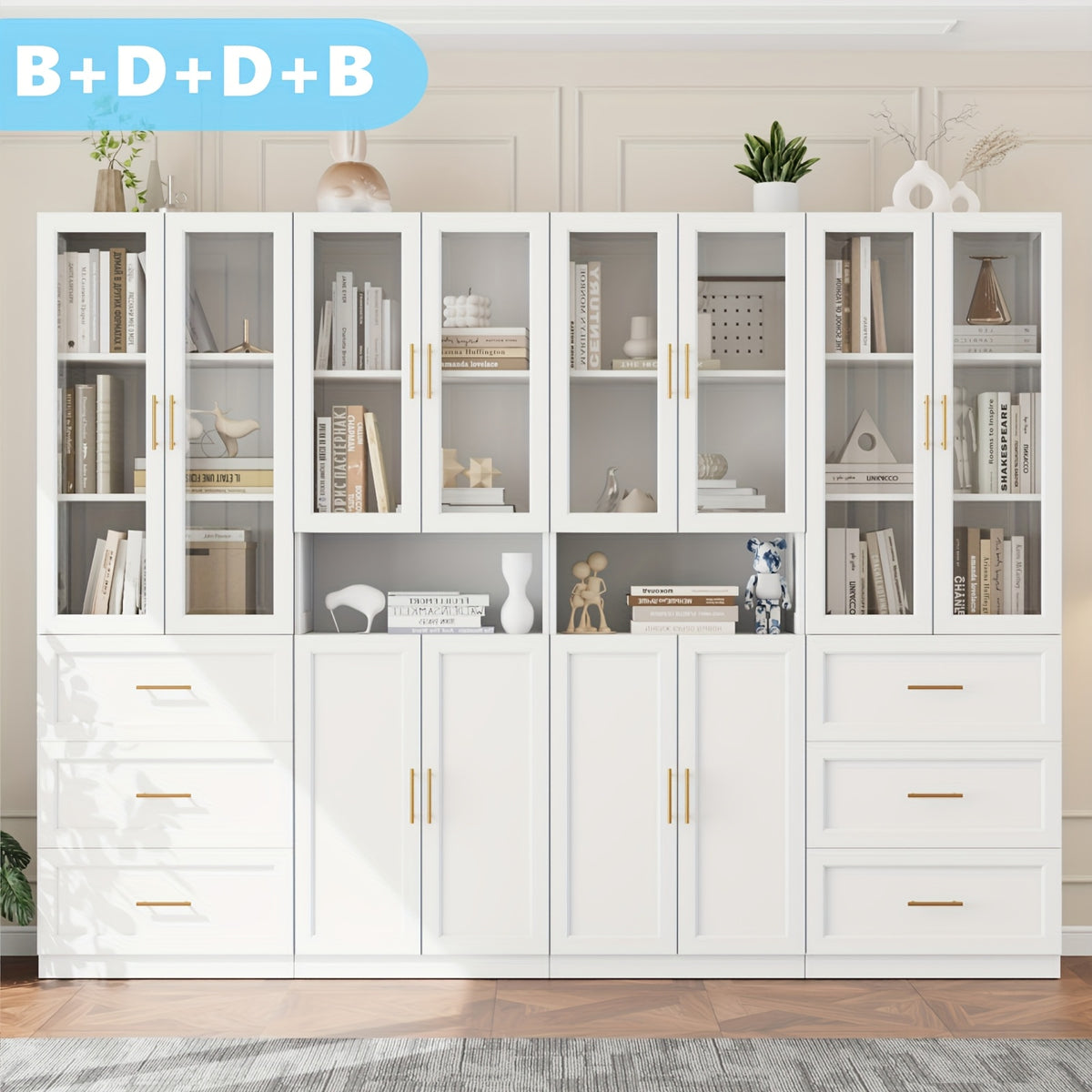 modular bookshelf display cabinet set glass doors drawers 5