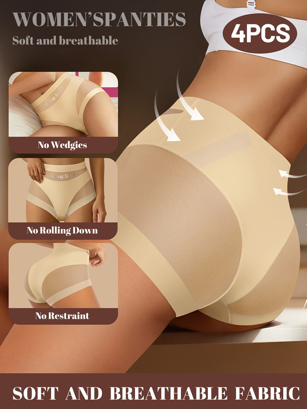 4pcs high waist tummy control breathable mesh womens panties