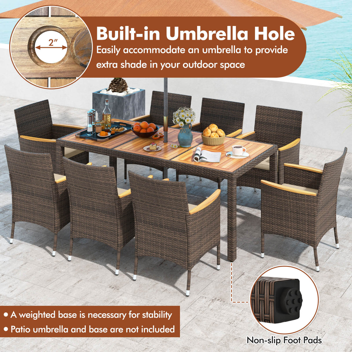9pcs patio pe wicker dining set outdoor acacia wood