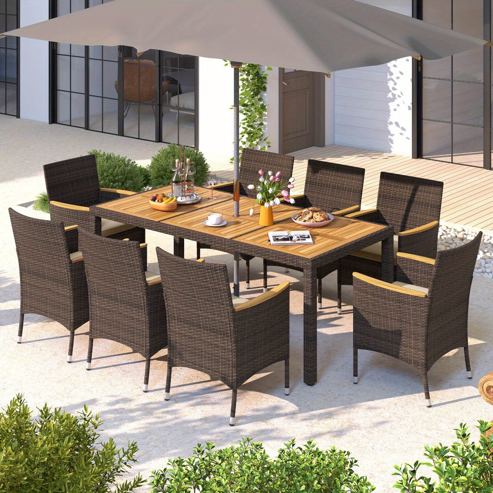 9pcs patio pe wicker dining set outdoor acacia wood