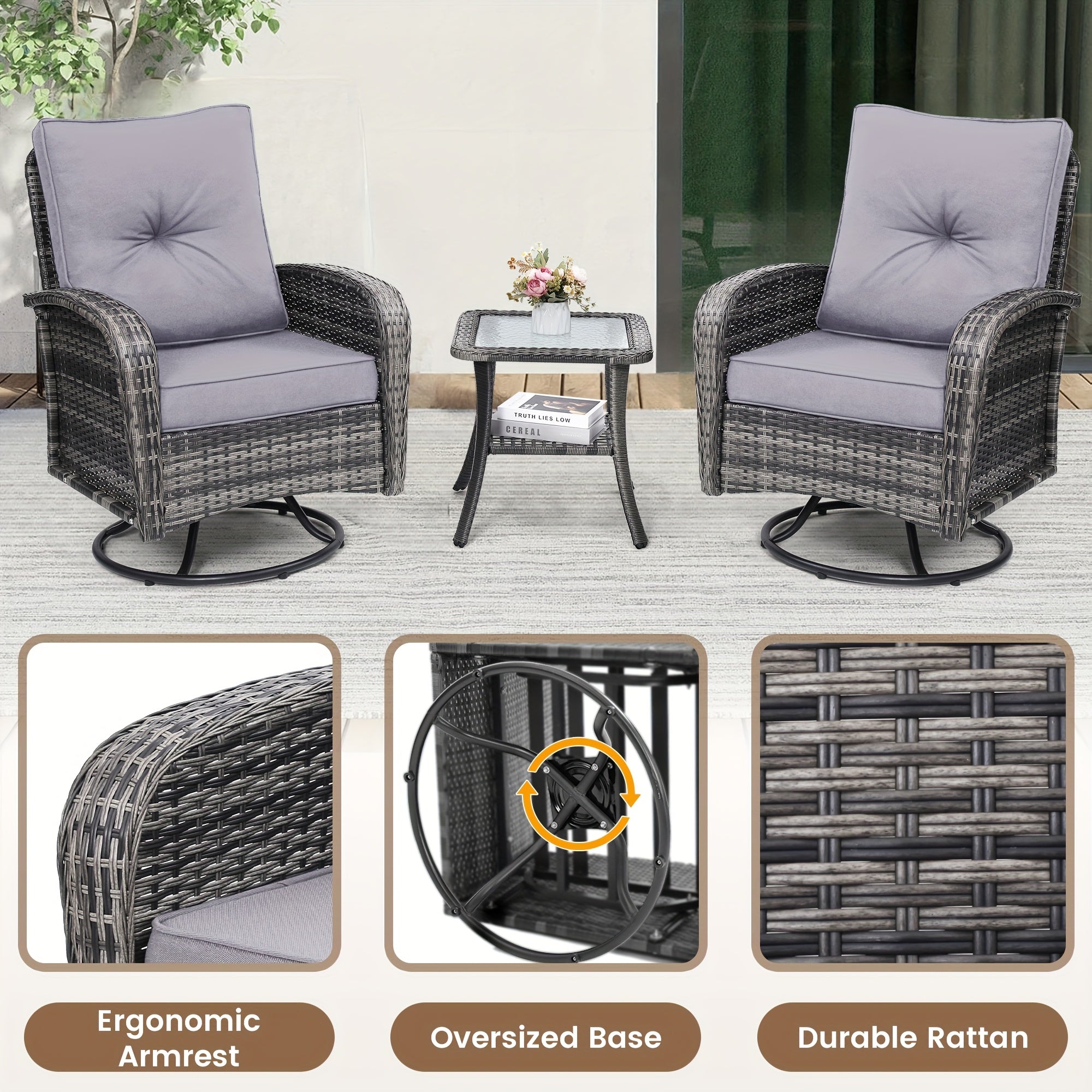 3pcs patio wicker glider rocker set 360 degree swivel