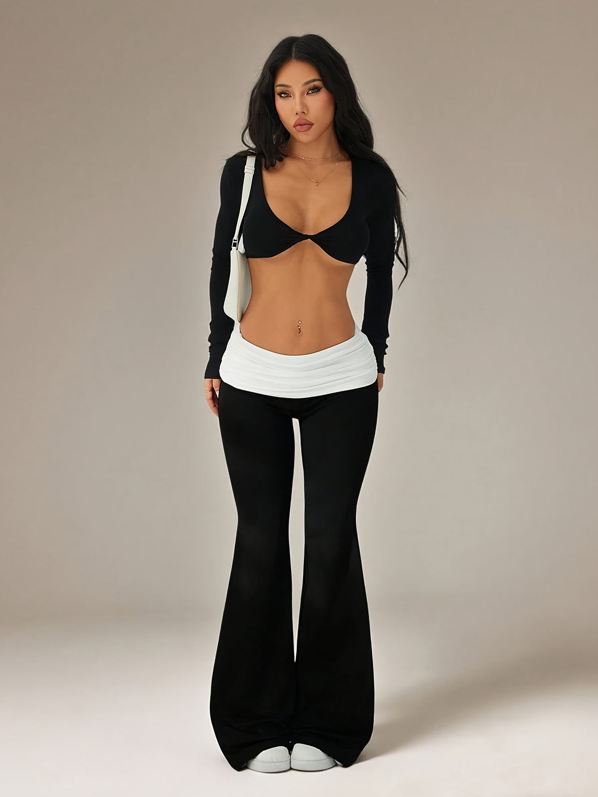 womens casual flared trousers color   waistband