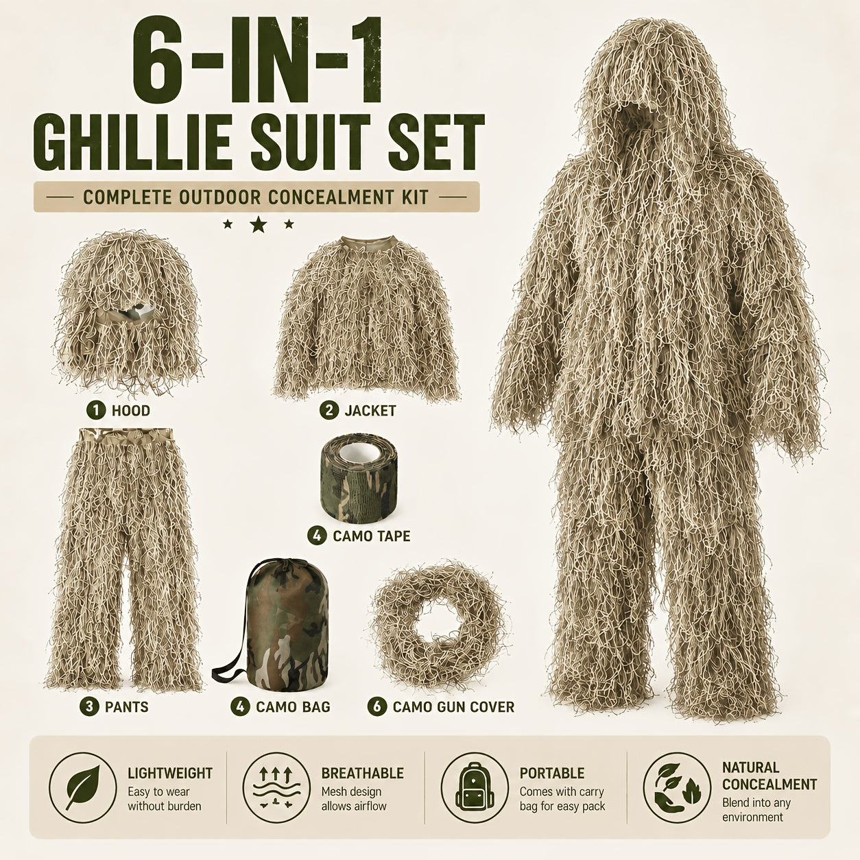 6 in 1   ghillie suit polyester   desert