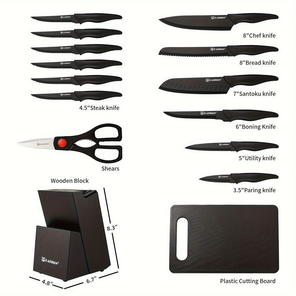 15pcs professional black coded kitchen knife set black