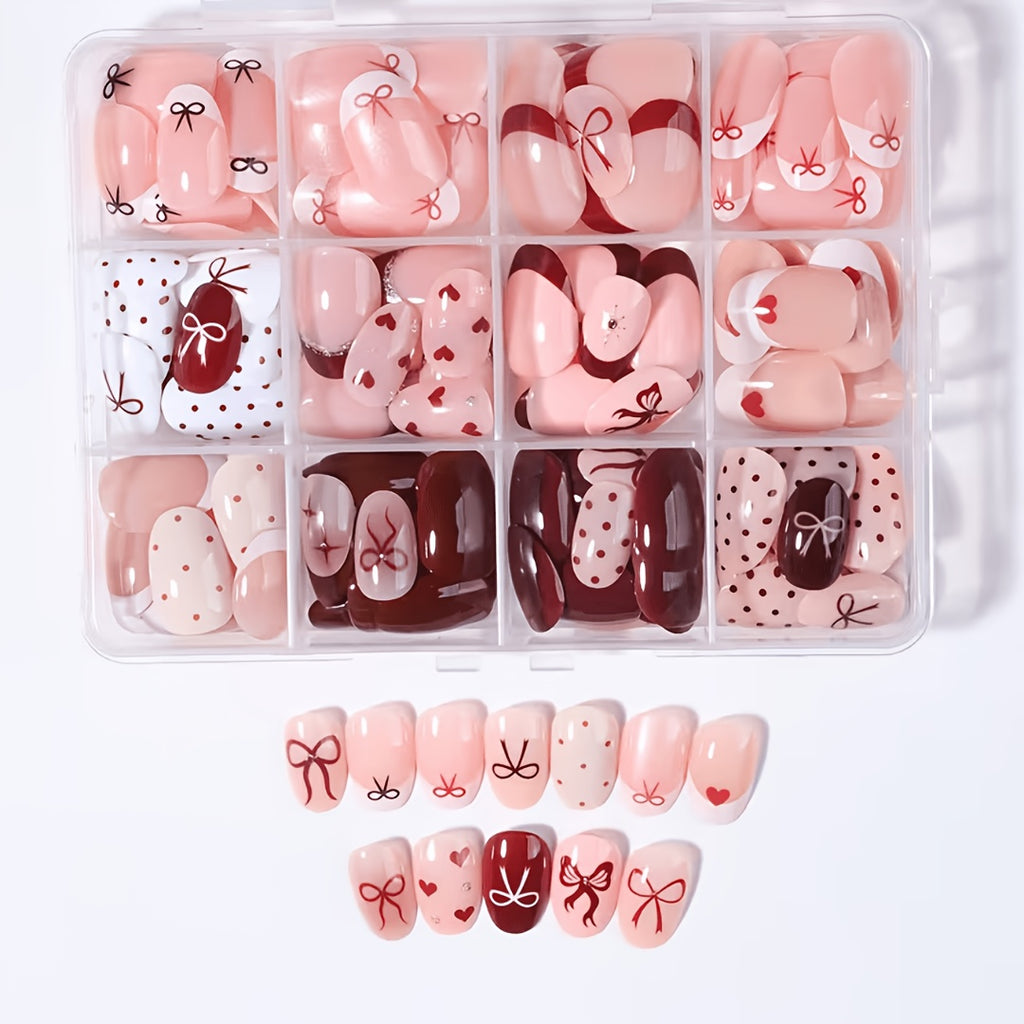 288pcs short oval press nails   multicolor bow heart