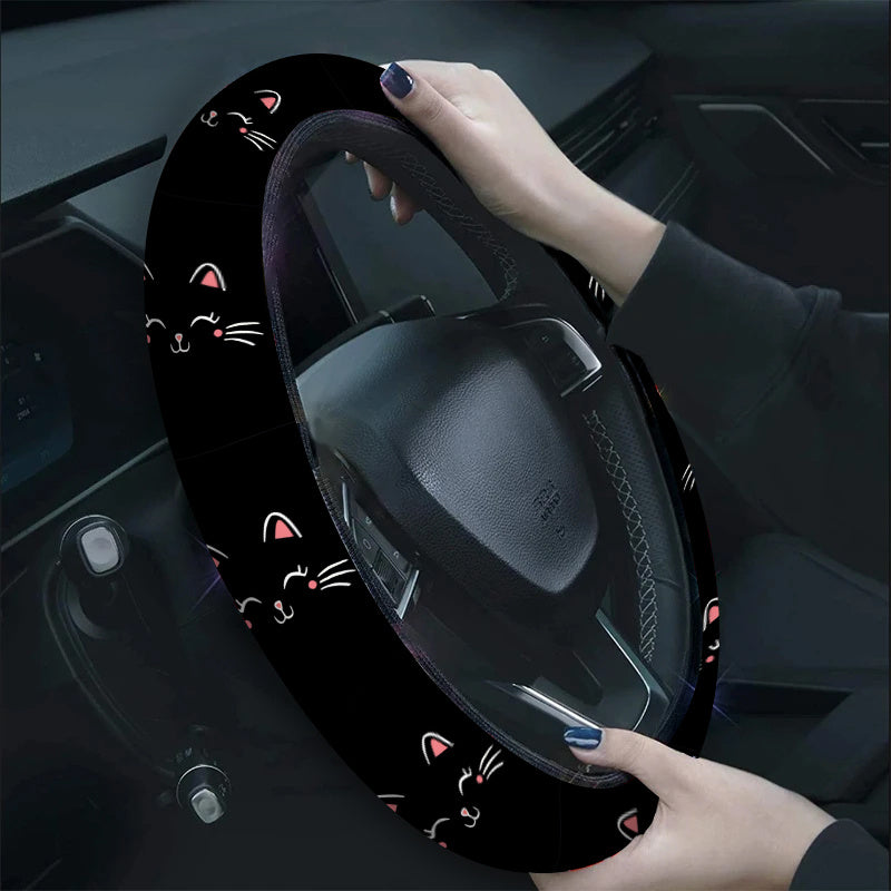 cute cat face pattern steering wheel cover minimalist style