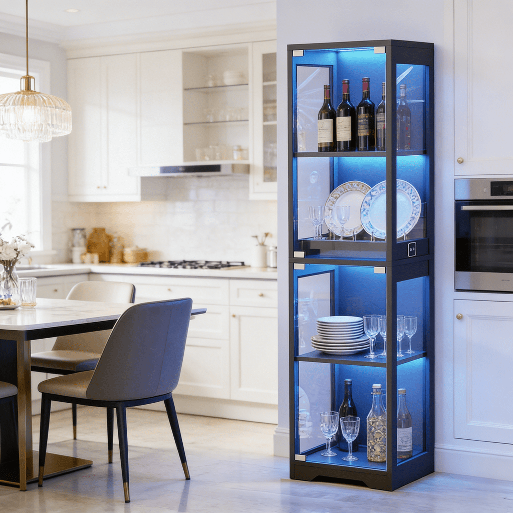 single door glass display cabinet 4 tier 3 led lights smart