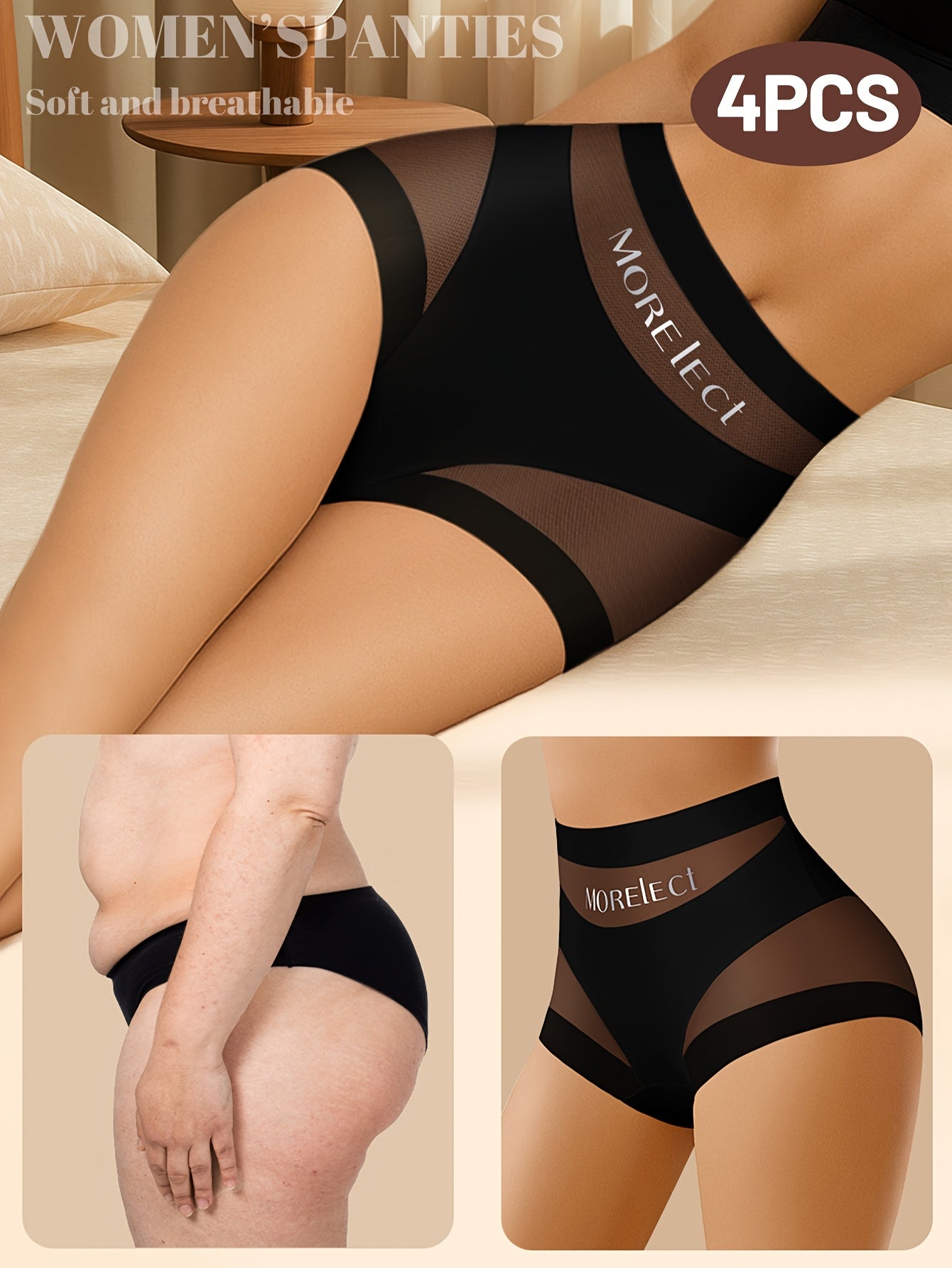 4pcs high waist tummy control breathable mesh womens panties
