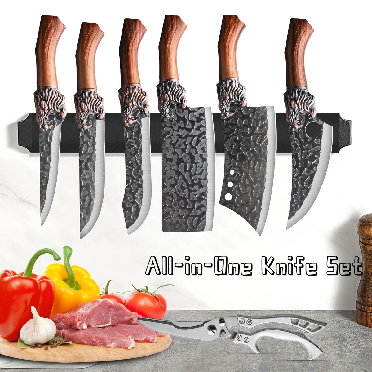 7pcs chef knife set   damascus style blade brown